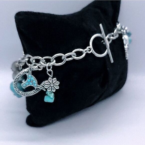 Turquoise Longhorn Western Charm Bracelet Beaded Cowgirl Cactus Feather Bohemian - Picture 5 of 6